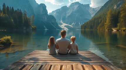 Back view photo of father sitting on a pier with his kids and looking at mountain view.