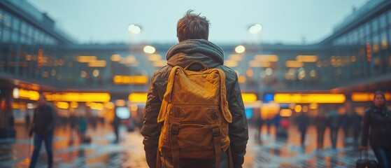 Young student standing in the airport alone. Young male student in airport terminal with backpack. - obrazy, fototapety, plakaty