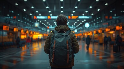 Young student standing in the airport alone. Young male student in airport terminal with backpack. - obrazy, fototapety, plakaty