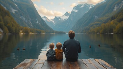 Father and two sons sitting on a wooden pier together. Dad bonding with his kids. Mountain view.