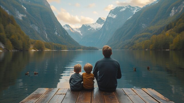 Fototapeta Father and two sons sitting on a wooden pier together. Dad bonding with his kids. Mountain view.