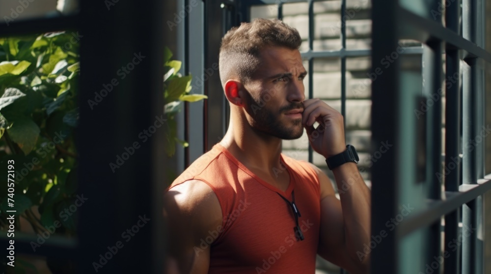 Poster Man using cell phone by window, suitable for technology concepts