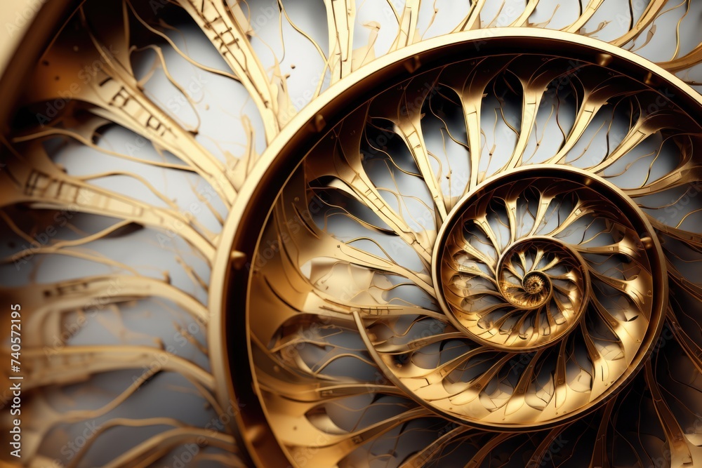 Poster detailed close up of a golden spiral clock, suitable for time management concepts