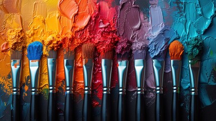 Closeup photo of dirty paintbrushes. Paintbrush on palette with different colors. Abstract art.