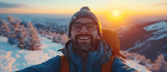 Photo sur Plexiglas Brun Hiker taking selfie on top of the mountain. Man hiking in mountain with landscape view. Man hiking.