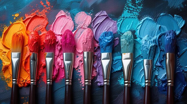 Acrylic paint in palette with paintbrushes. Closeup of paintbrushes in different colors.