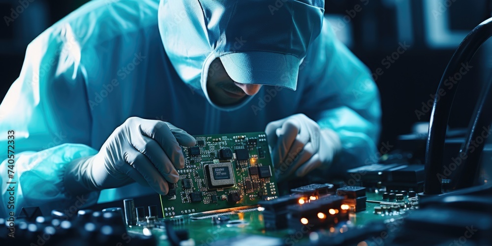 Aufkleber A man is seen working on a circuit board in a dimly lit room. Suitable for technology and innovation concepts