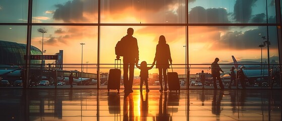 Silhouette of young family waiting for their flight in the airport. Tourists waiting at terminal.