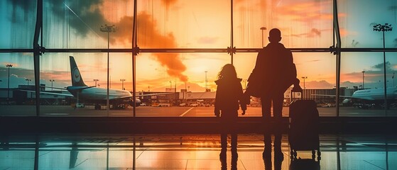 Young family standing in airport and looking through big window. Tourists waiting for flight by gate - obrazy, fototapety, plakaty