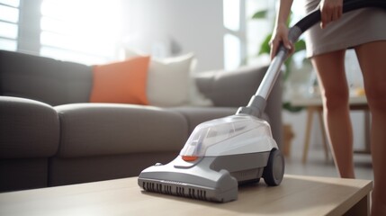 A woman using a vacuum to clean a coffee table. Ideal for household cleaning and chores concept - obrazy, fototapety, plakaty