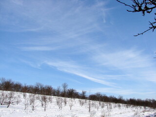 A mesmerizing natural picture of various cloud patterns in a sunny blue sky on a winter frosty day.