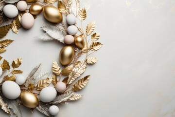A wreath made of gold and white eggs and leaves. Perfect for Easter decorations