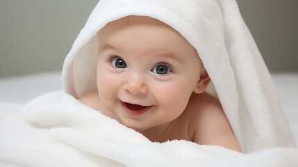Smiling Baby Wrapped in White Towel Close-Up Portrait