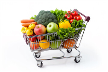 A shopping cart filled with fresh fruits and vegetables, white background, copy space