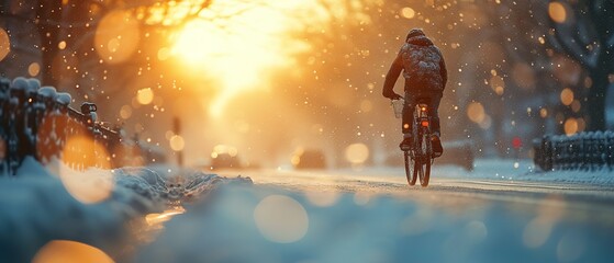 Man riding bike in bike lane. Man biking on the road. Cyclist biking in the winter.