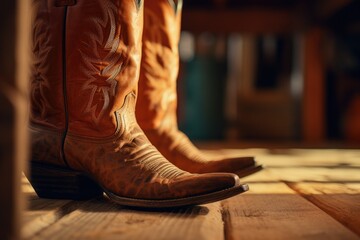 Pair of cowboy boots on rustic wooden floor, ideal for western-themed designs - obrazy, fototapety, plakaty