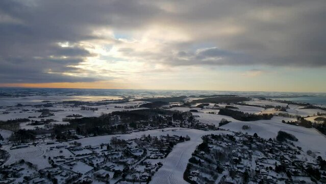 Aerial view of winter landscape in Odsherred, Denmark
