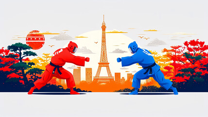 simple line art minimalist collage illustration with professional judo fighter practicing blows, training and Eiffel Tower in the background, olympic games, wide lens