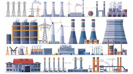 Various types of factory and power stations generating electricity. Colored flat  illustration isolated on white. - obrazy, fototapety, plakaty
