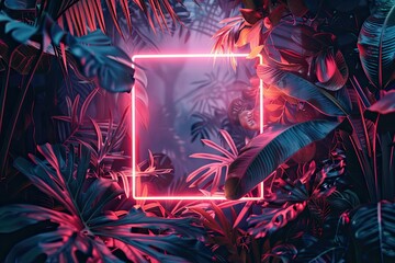 Neon square frame surrounded by exotic tropical leaves