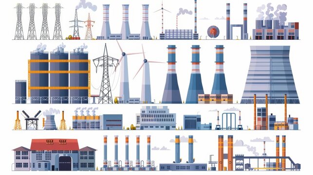 Various types of factory and power stations generating electricity. Colored flat  illustration isolated on white.