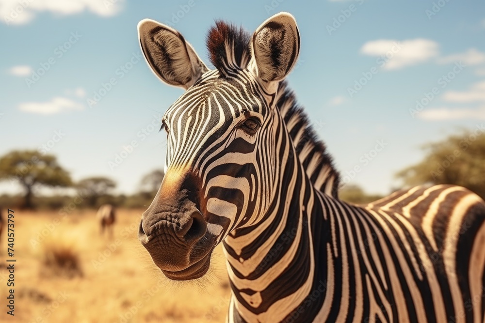 Poster close up of a zebra in a field, suitable for nature themes