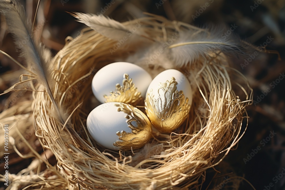 Poster three white eggs in a nest with feathers, perfect for spring or easter themes