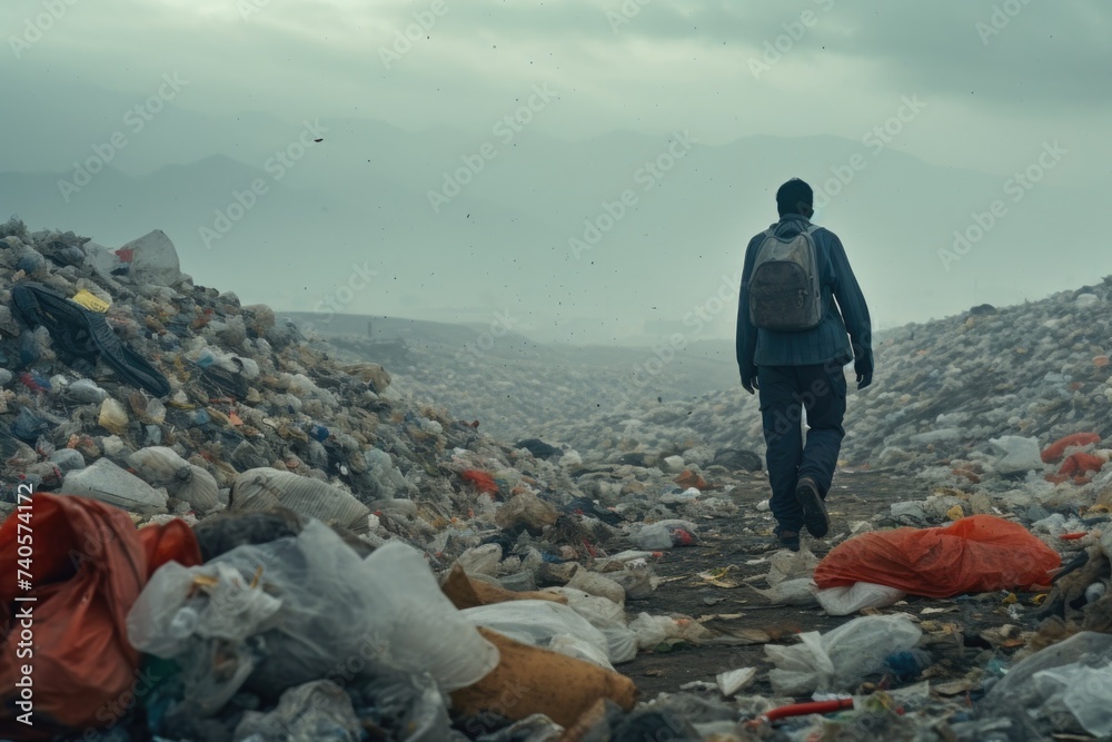 Poster a man walking through a pile of garbage, suitable for environmental concepts