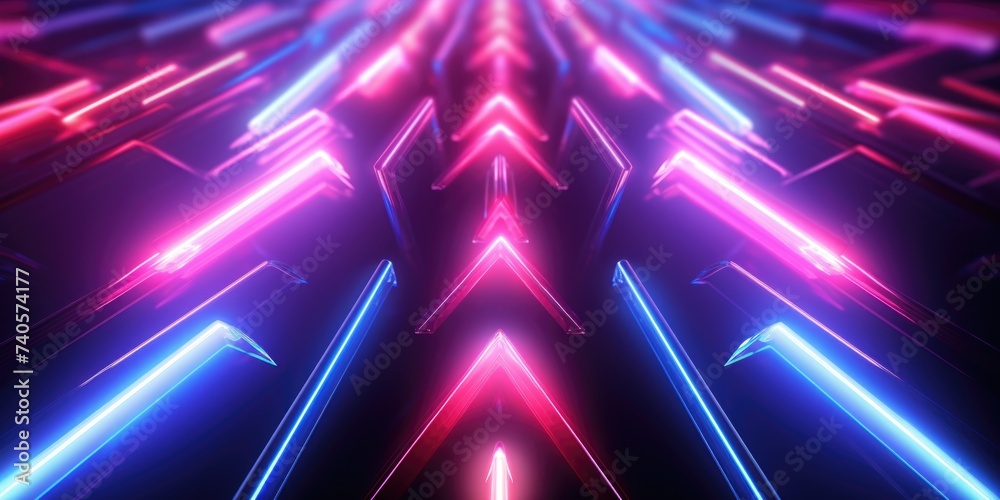 Poster A striking image of a very long line of neon lights in a dark room. Perfect for adding a modern touch to any design project