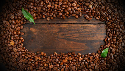 Frame of roasted coffee beans on a knotted wood background with copy space, photography. Generative Ai.