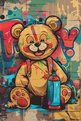 Illustration of a happy grafitti slogan and a bear doll spray painted in  format