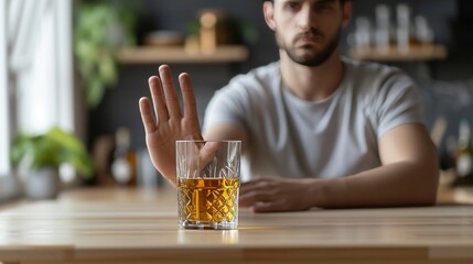 Young man gesturing a firm stop sign against alcohol close up with copy space for text.