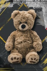 The warning slogan is illustrated in black with a painted border and a bear doll