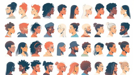 An illustration set of men's and women's faces. Avatars for young and old people of different ages and races. Flat  illustrations isolated on white. - obrazy, fototapety, plakaty