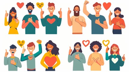 A set of happy people showing various positive emotions with gestures. A hands up sign, clenched fist, victory fingers, and hand-held heart. Colored flat  illustration isolated on white.
