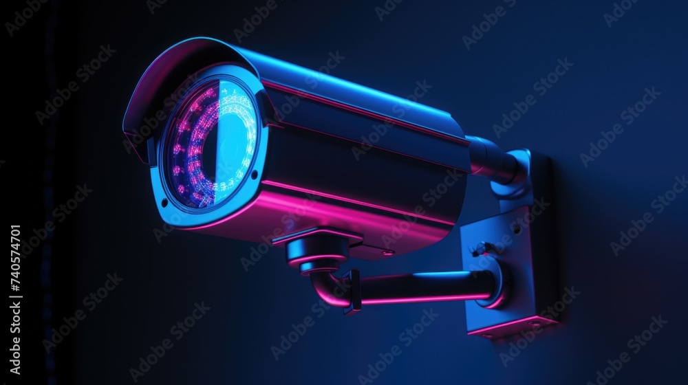 Poster a camera mounted on a wall in a dark room. ideal for illustrating surveillance or security concepts