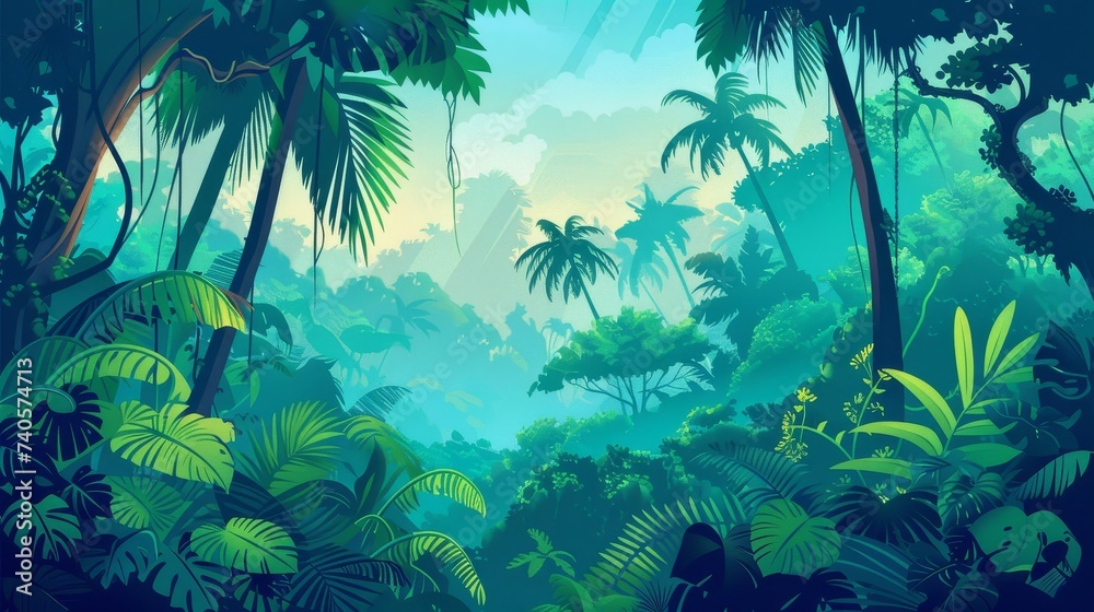 Aufkleber landscape of a tropical jungle from a perspective of a vast expanse of dense forest with palms and l