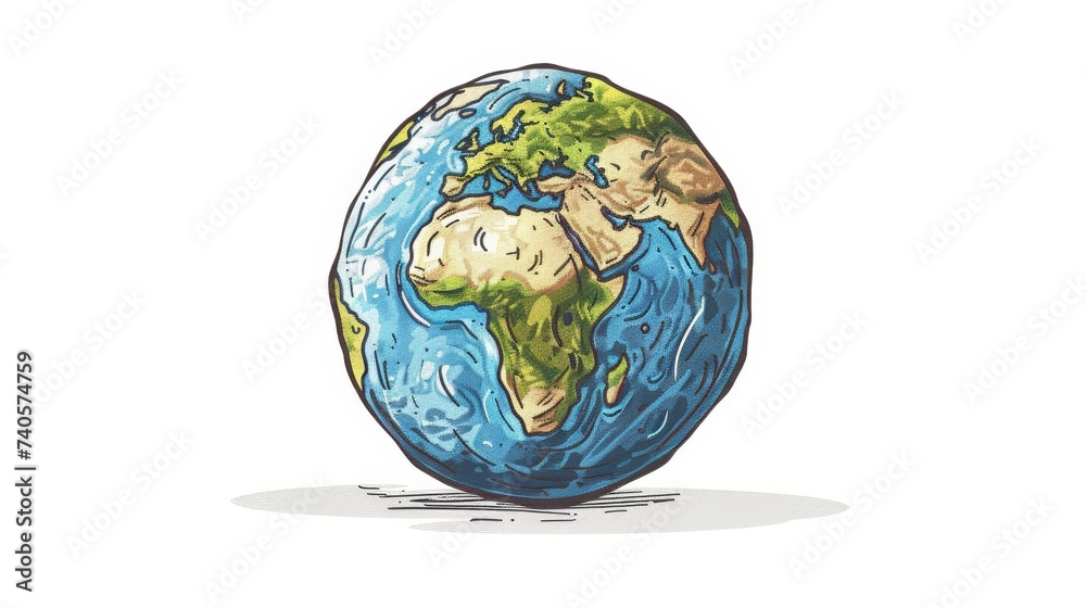 Poster a flat illustration of the earth globe on a white background with continents and oceans drawn in a d