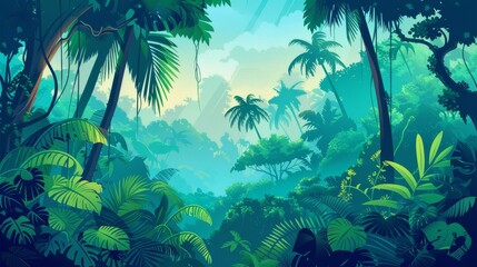 Landscape of a tropical jungle from a perspective of a vast expanse of dense forest with palms and lianas. Global color pattern of lush vegetation in a lush tropical rainforest. Colored flat