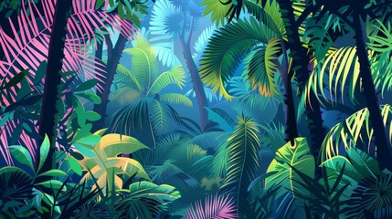 The tropical jungle landscape consists of palms and lianas. Exotic colorful forest with foliage plants. Colored flat  illustration.