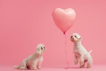 Cute dog with a heart shaped balloon on pink panoramic background, fun love and Valentine's day love greeting web banner. Funny dog holding a heart shaped balloon isolated on pink background