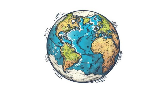 Doodle style Earth globe featuring continents and oceans. Colored flat  illustration isolated on white.