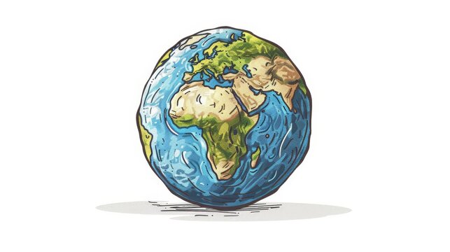 A flat  illustration of the Earth globe on a white background with continents and oceans drawn in a doodle style.
