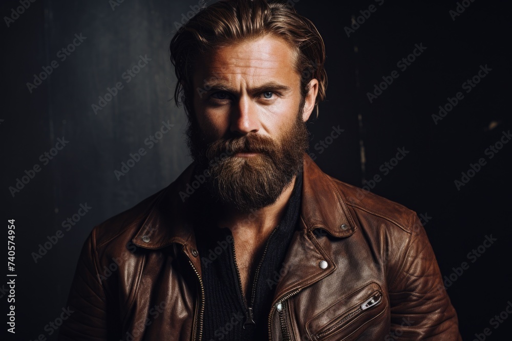 Poster a man with a beard wearing a leather jacket. suitable for various projects