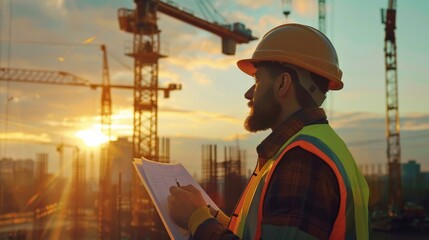 Engineer reviewing plans at construction site during sunset.