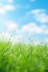 Fototapeta premium Green grass field with clear blue sky in the background. Ideal for nature and outdoor concepts
