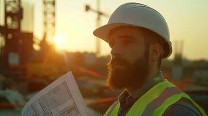 Focused engineer with hard hat contemplating construction site at dusk.