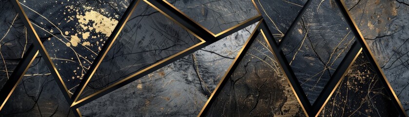 Abstract design of black marble with gold accents in triangular shapes.