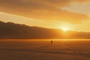 Fototapeta na wymiar A lone figure stands in a vast, peaceful desert at sunset