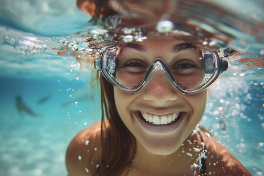 Underwater view of a smiling woman with goggles